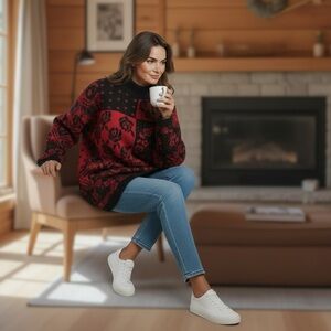 Vintage 90s Rose Patchwork Red Black Cabincore Ski Lodge Hipster Sweater Size L